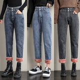 winter women high-waisted jeans harem pants pink velvet thickened warm denim trousers retro blue gray Mart Lion   