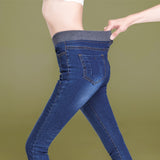 Women's Simple solid Elastic high waist Skinny Jeans Clothes black blue Slim mom Jeans Stretch Denim Pants Mart Lion Navy blue 26 