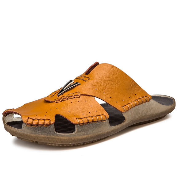 Summer Sandals Men's Leather Classic Roman Slipper Outdoor Sneaker Beach Rubber Flip Flops Water Trekking Mart Lion Yellow Brown 6.5 