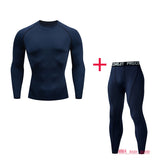 Men's Thermal underwear winter long johns 2 piece Sports suit Compression leggings Quick dry t-shirt long sleeve jogging set Mart Lion Navy Blue L 