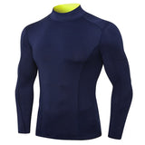 Men's Compression Running T-Shirt Elastic Running Training Shirt High-Neck Color-Blocking Sport Top Breathable Gym T-Shirts Mart Lion Navy-blue S 