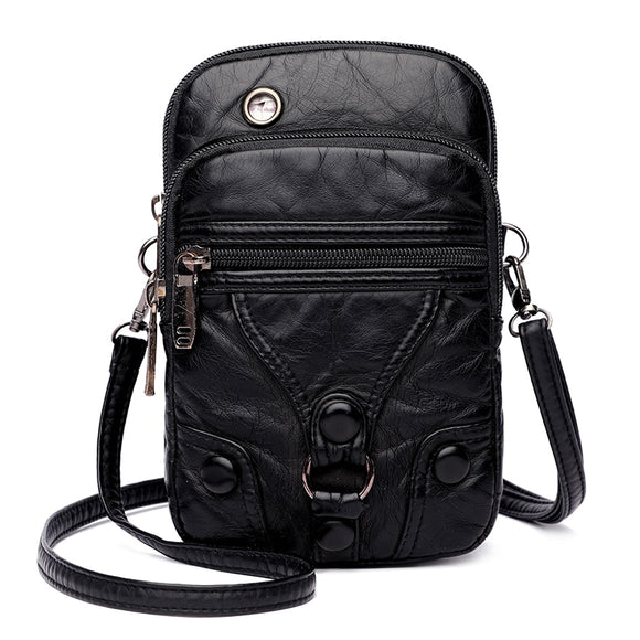 Ladies PU Leather Water Wash Bag Small Mobile Phone Sac Shoulder Diagonal Bag Light Sport Female Bag Mart Lion Black  