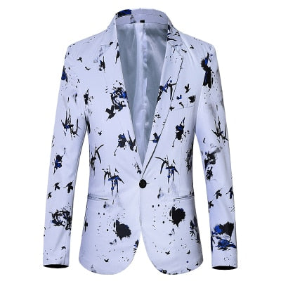 Men's Luxury Floral Printed Suit Blazer Homme Night Club Stage Wedding Single Breasted Jacket Ternos Masculino Luxo Mart Lion 9911-White Blue Asian M 45kg-55kg 