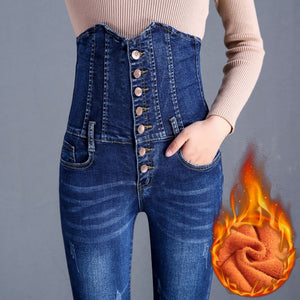  Winter Fleece Button Waist Tuck Skinny Jeans Mujer Women Warm Denim Pencil Pants Fashion High Waist Velvet Trousers Mart Lion - Mart Lion