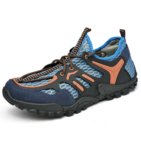 Summer Men's Trekking Shoes Breathable Mesh Climbing Light Outdoor Hiking chaussure homme randonnee Mart Lion Blue9331 38 