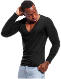 Deep V Neck Tshirt for Men's Low Cut Wide Collar Top Cotton Tees Male Slim Fit Long Sleeve