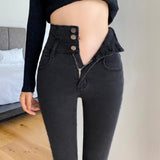 High Waist Women Solid Jeans 3 Buttons Female Pant Slim Elastic Mom Stretch Blue Grey Skinny Pencil Pant Mart Lion Gray 25 