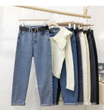 With Belt Korean High Waist Harem Jeans Women Ankle Loose Mom Pants Solid Color Female Denim Trousers Mart Lion   