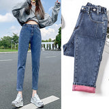 Clothes Pink Fleece Jeans Women Winter Boyfriend Denim Pants Casual Classic Female Harlan Trousers Mart Lion   