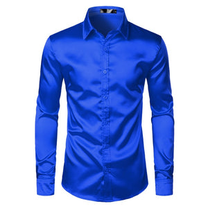  Royal Blue Silk Satin Shirt Men's Slim Fit Men's Dress Shirts Wedding Party Casual Male Casual Shirt Chemise Mart Lion - Mart Lion