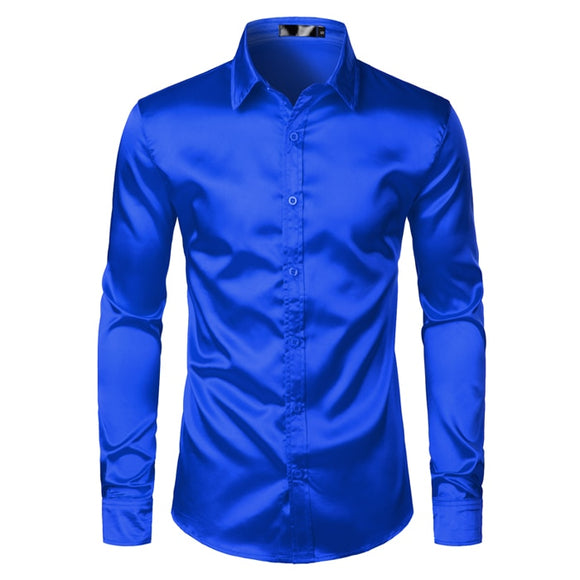 Royal Blue Silk Satin Shirt Men's Slim Fit Men's Dress Shirts Wedding Party Casual Male Casual Shirt Chemise Mart Lion Royal Blue US Size S 