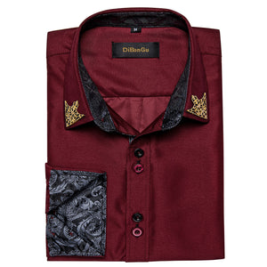 Men's Long Sleeve 100% Cotton Solid Black Red White Shirt Casual Paisley Slim Fit Social Dress Shirts DiBanGu Mart Lion   