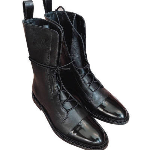 Akexiya Leather British Style Flat Boots Black Pointed Toe Handsome Motorcycle Women Round Head Bandage Mart Lion black 35 
