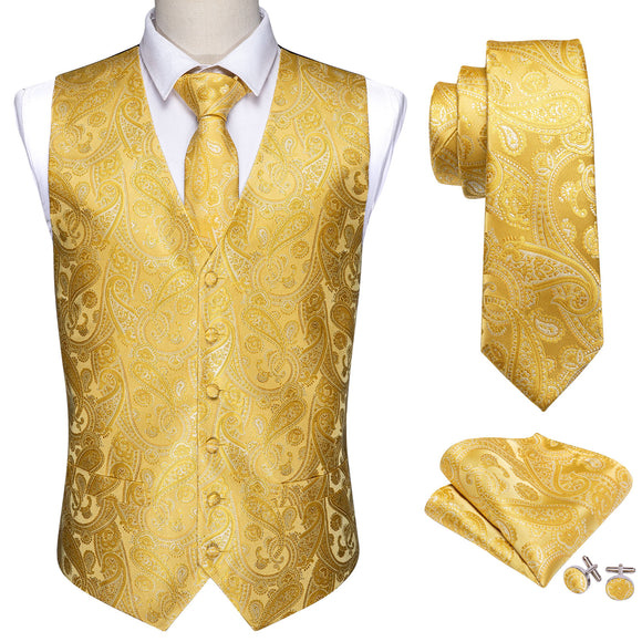  Barry Wang 8 Colors Men's Suit Vest Yellow Paisley Waistcoat Silk Tailored Collar V-neck Check Vest Tie Set Formal Leisure Mart Lion - Mart Lion