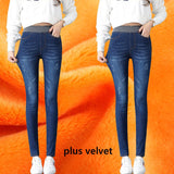 Women Winter Warm Skinny Jeans Pants Velvet Thick Trousers High Waist Elastic Middle Aged Mother Stretch Clothes Mart Lion Dark blue plus velve 26 