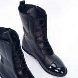  Akexiya Leather British Style Flat Boots Black Pointed Toe Handsome Motorcycle Women Round Head Bandage Mart Lion - Mart Lion