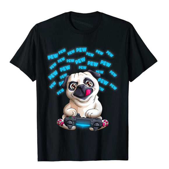Pew Gamer Pug Funny Video Gaming Pugs Gift Special Men's Top T-Shirts Normcore Cotton Popular Mart Lion Black XS 