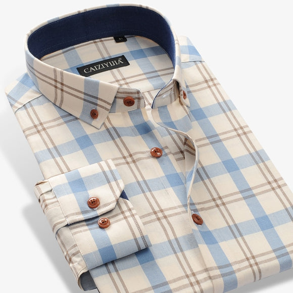 Men's 100% Cotton Long Sleeve Contrast Plaid Checkered Shirt Pocket-less Design Casual Standard-fit Button Down Gingham Mart Lion   