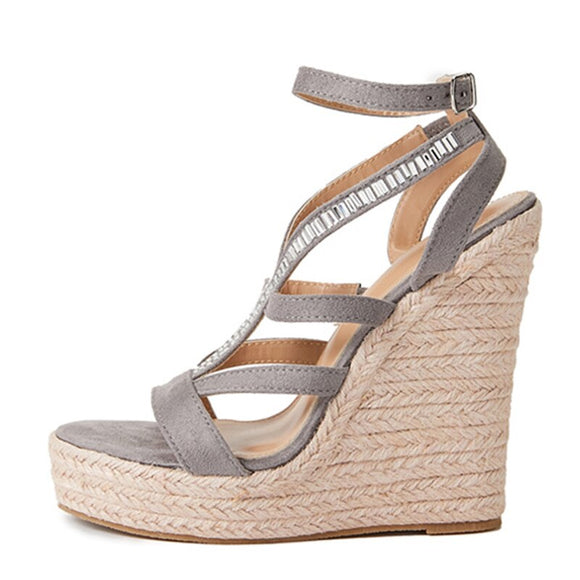 Summer Wedge Sandals Women Straw Rope Weave Thick Bottom Platform High Heels Open Toe Buckle Strap Rhinestone Shoes Mart Lion Gray 35 China