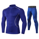 Men's 2 Pcs Fitness Suit Running Set Quick Dry Gym Sportswear Long Sleeve T Shirt Legging Pants Tracksuit Sports Suits Mart Lion Blue sets S 