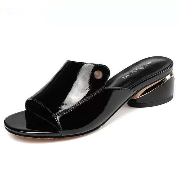Soft Patent Leather Sewing Fish Mouth Slippers Open Toes Hoof Heels Slides Shoes Non-Slip Sandals Mart Lion black 35 