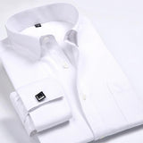 Men's Classic French Cuffs Striped Dress Shirt Single Patch Pocket Standard-fit Long Sleeve Shirts (Cufflink Included) Mart Lion White M 
