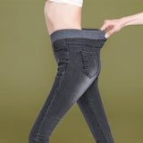 Women's Simple solid Elastic high waist Skinny Jeans Clothes black blue Slim mom Jeans Stretch Denim Pants Mart Lion gray 26 