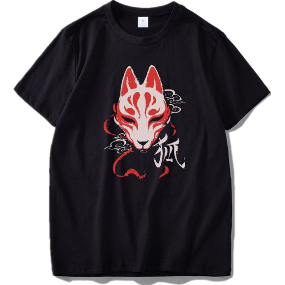 Japanese Fox T Shirt Culture Chinese Demons Design Graphic Homme 100% Cotton Gifts Mart Lion Black EU Size S 