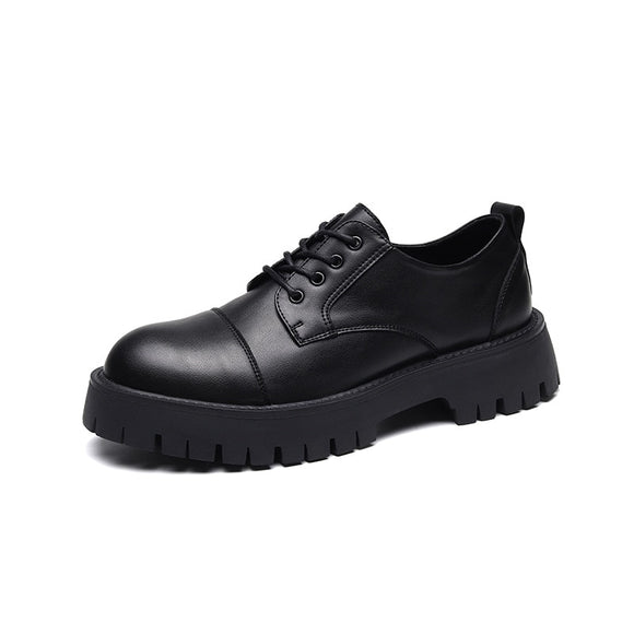 Men's Thick Soled Small Leather Shoes Formal Dress Winter Student Youth Leisure Black Round Head Mart Lion Black 38 
