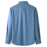 Men's Shirts Loose Casual Pocket Cotton Autumn Men's Long Sleeve Cotton Light Blue Elasticity
