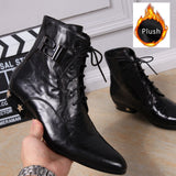 Autumn Genuine Leather Men boots Chelsea Rivet Lace-up Bright leather  Pointed shoes Dress Mart Lion Plush black 36 
