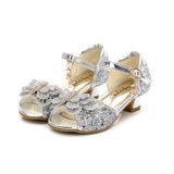 Children Sandals For Girls Weddings Girls Crystal High Heel Shoes Banquet Pink Gold Blue Glitter Leather Butterfly Mart Lion Silver 9.5 