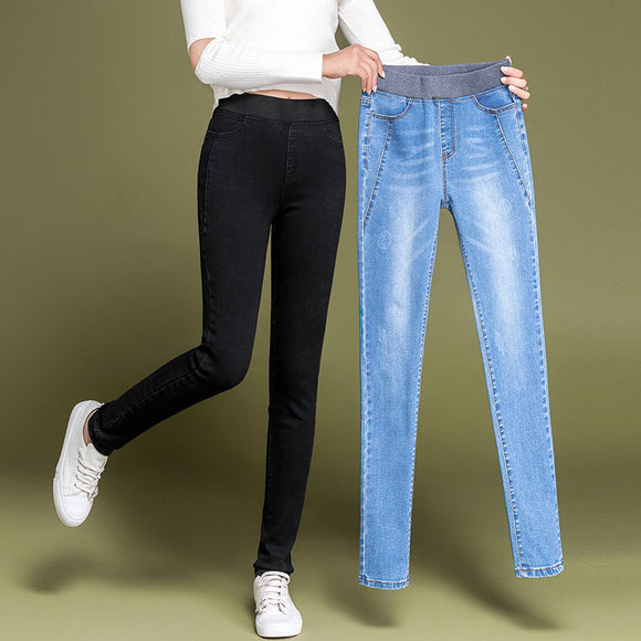  Women's Simple solid Elastic high waist Skinny Jeans Clothes black blue Slim mom Jeans Stretch Denim Pants Mart Lion - Mart Lion