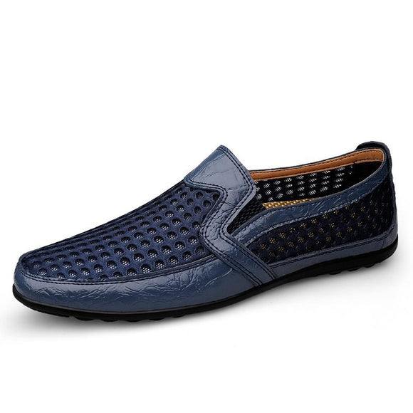 Summer Breathable Sneakers Men's Casual Shoes Genuine Leather Slip On Loafers Driving Outdoor Jogging Trainer Mart Lion Blue 6.5 