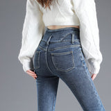 Casual Jeans Women Fleece Winter Three Buckle Slim High Waist Skinny Elasticity Soft Velvet Pencil Pants Female Denim Trousers Mart Lion   