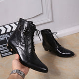 Autumn Genuine Leather Men boots Chelsea Rivet Lace-up Bright leather  Pointed shoes Dress Mart Lion black 36 