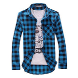 Men's Plaid Shirt Camisas Social Autumn Plaid Long-sleeved Button Down Casual Check Mart Lion Blue Euro S 