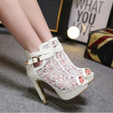 Peep Toe Sandals Women Platform Pumps Lace Mesh Thick High Heels Shoes Ankle boot Summer Sand Mart Lion White 35 
