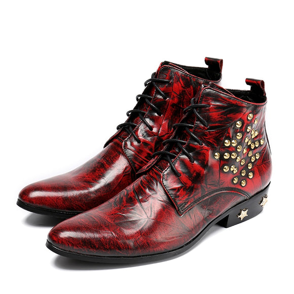 Autumn Genuine Leather Men boots Chelsea Rivet Lace-up Bright leather  Pointed shoes Dress Mart Lion Wine Red 36 