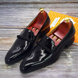 Men's Dress Shoes Black Patent Leather loafers With Black String Pointed Toe Party Wedding Formal Luxury Mart Lion   