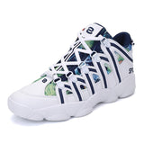 Couple High top Sports Shoes White Graffiti Print Men's Basketball Sneakers Chunky Fitness Mart Lion BlueA11 36 