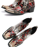 Men's Metal Fangtou Belt High-heeled Short boots Western Cowboy Cowhide Serpentine Printing Stage show Party Mart Lion   