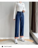Straight Winter Women Wide Leg Jeans Loose Fleece High Waist Buttons Trend Casual Female Velvet Denim Trousers Streetwear Mart Lion   