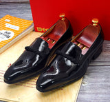 Men's Dress Shoes Black Patent Leather loafers With Black String Pointed Toe Party Wedding Formal Luxury Mart Lion   