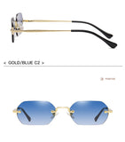 Rimless Rectangle Sunglasses Small Men Glasses Women Metal Gold Polygon Blue Shades UV400 Frameless Mart Lion   