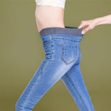 Women's Simple solid Elastic high waist Skinny Jeans Clothes black blue Slim mom Jeans Stretch Denim Pants Mart Lion Light blue 26 