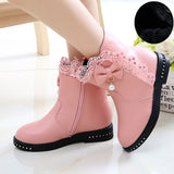 Winter Girls Snow Boots Female Children Bow-Knot Lace Princess Shoes Outdoor Warm Plush Soft Bottom Kids Student Mart Lion Pink 27 -- Insole 16.5 cm 