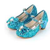 Princess Kids Leather Shoes For Girls Flower Casual Glitter Children High Heel Butterfly Knot Blue Pink Silver Mart Lion   