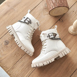 Children Boots Soft-soled Girls Autumn and Winter Warm British Style Boys Leather Student Metal Chain Hot Mart Lion beige 26 