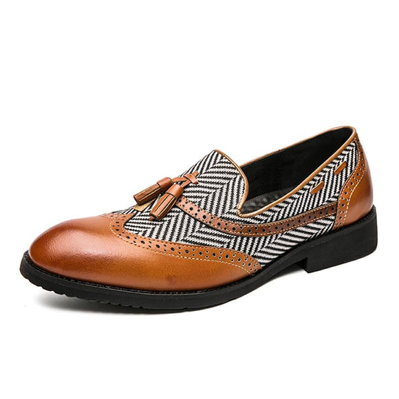 Tassel Men's Loafers Dress Shoes Striped Wedding Formal Pointed Toe Brogues Slip On Oxfords Mart Lion Brown 6.5 